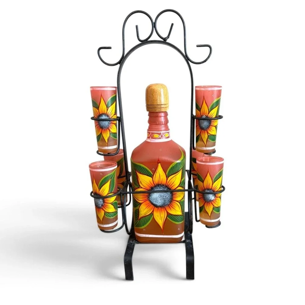 Mexican Hand Painted Sunflower Tequila Decanter Set 6 Shot Glasses Wrought Iron